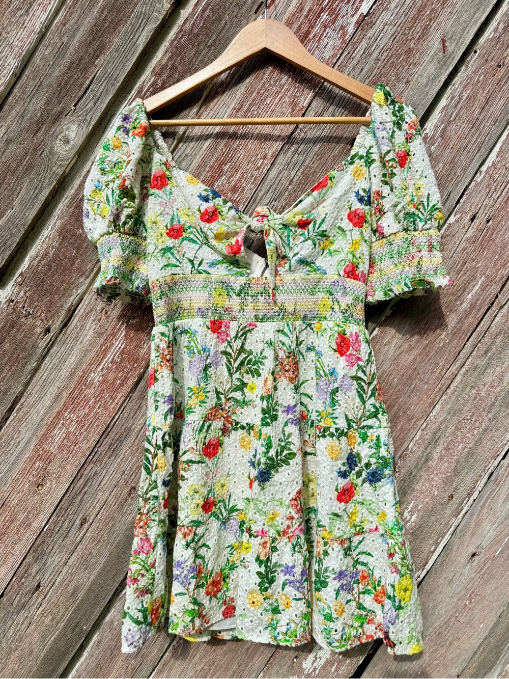 Alice + Olivia Floral Eyelet Mini Dress Smocked Puff Sleeve Cottagecore